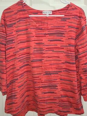 Habitat Coral and Navy Patterned Long Sleeve Scoop Neck Top